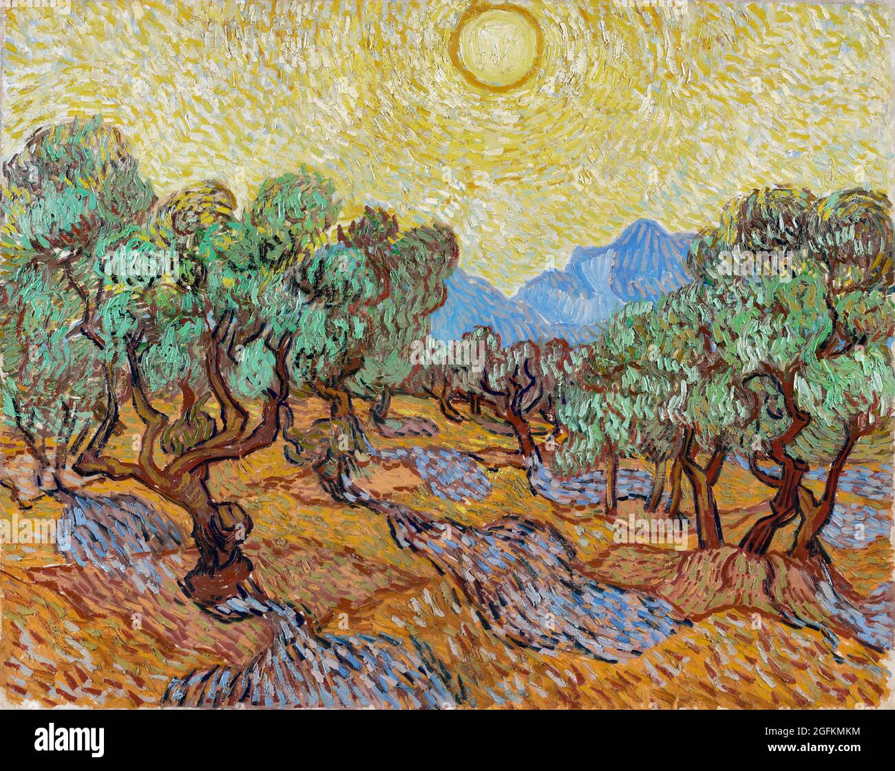 Vincent van Gogh – Olivenbäume (1889) berühmte Landschaftsmalerei. Stockfoto