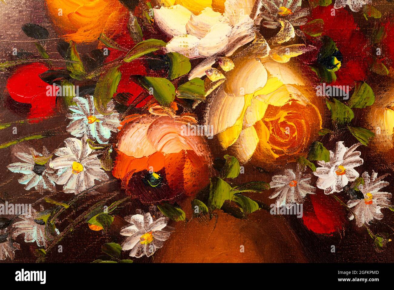 Abschluss eines Fragments von Ölgemälde, das Stillleben von Blumen in der Vase darstellt. Makro-Impasto-Malerei. Stockfoto