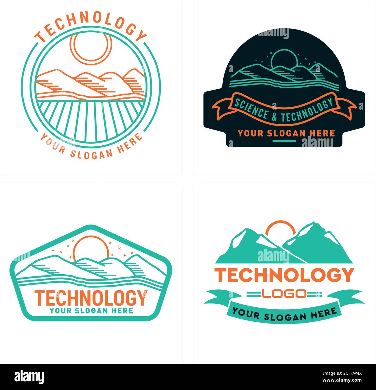 Wissenschaftstechnologie mit Bergsonne und Landfeldlinie Sieger Logo Stock Vektor