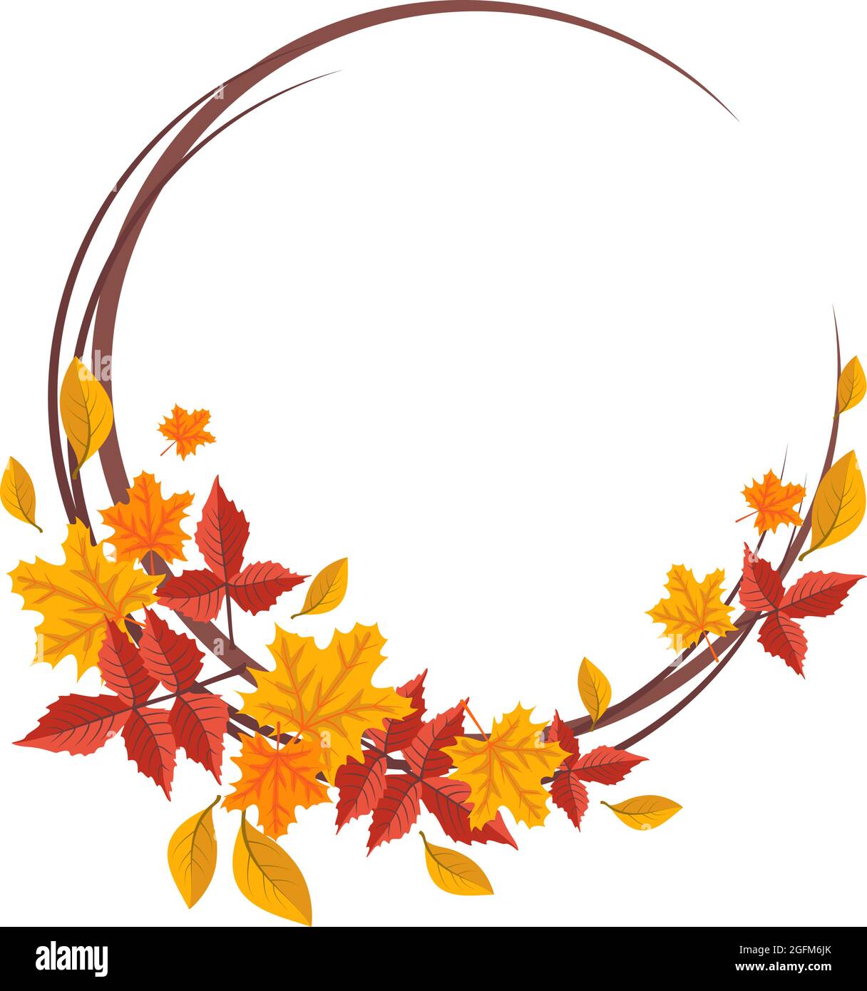 Runder Rahmen mit orangefarbenen und gelben Ahornblättern. Heller Herbstkranz mit Geschenken der Natur und Ästen mit leerem Platz für Text Stock Vektor