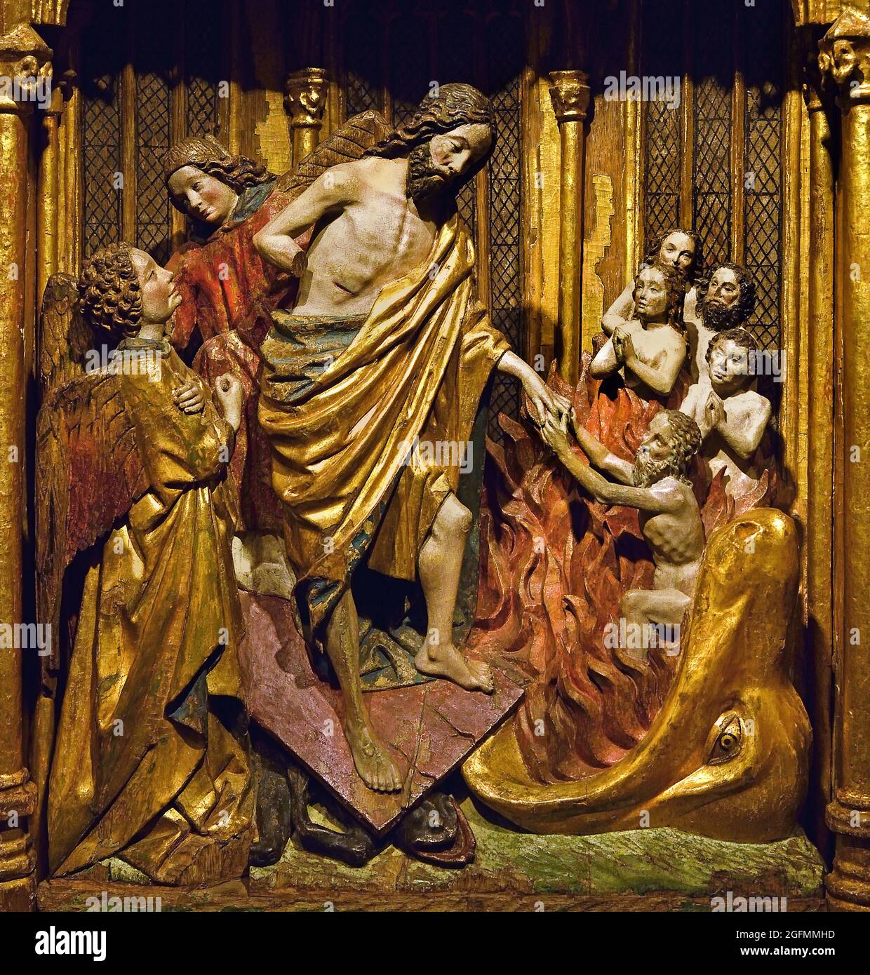 Christus, der aus der Hölle in den Limbo herabsteigt, anonym 1440 Niederländisch, Niederlande. (Eiche mit Resten von Original und später Polychromie, 48,5cm) Stockfoto