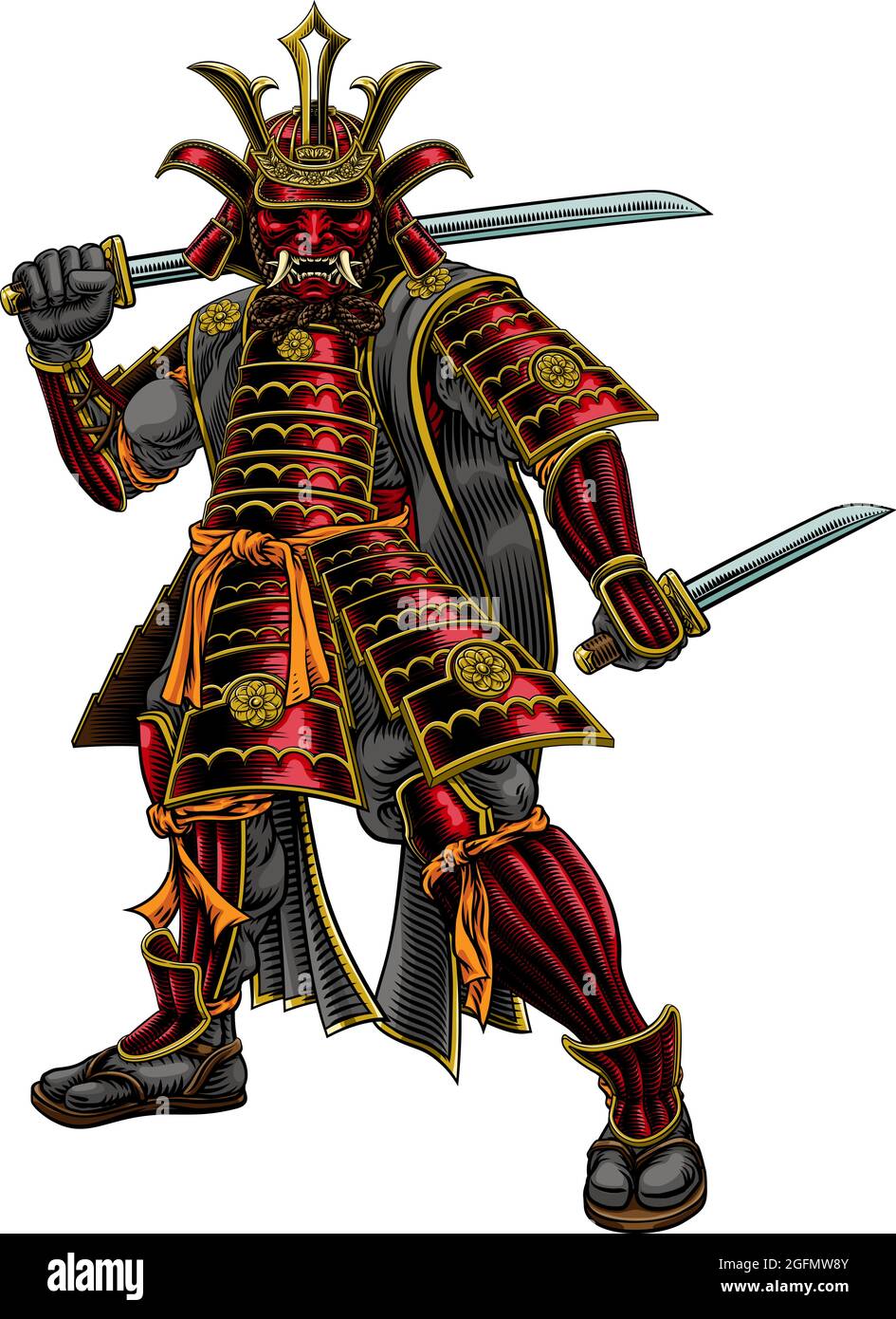 Samurai Japanischer Krieger Vintage Ätzkunst Stil Stock Vektor