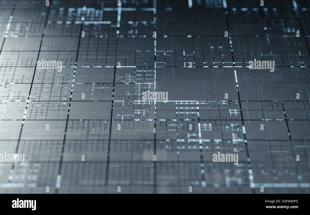 Stromkreise und Elektrizität mit schwarzem Hintergrund, 3d-Rendering. Digitale Zeichnung des Computers. Stockfoto