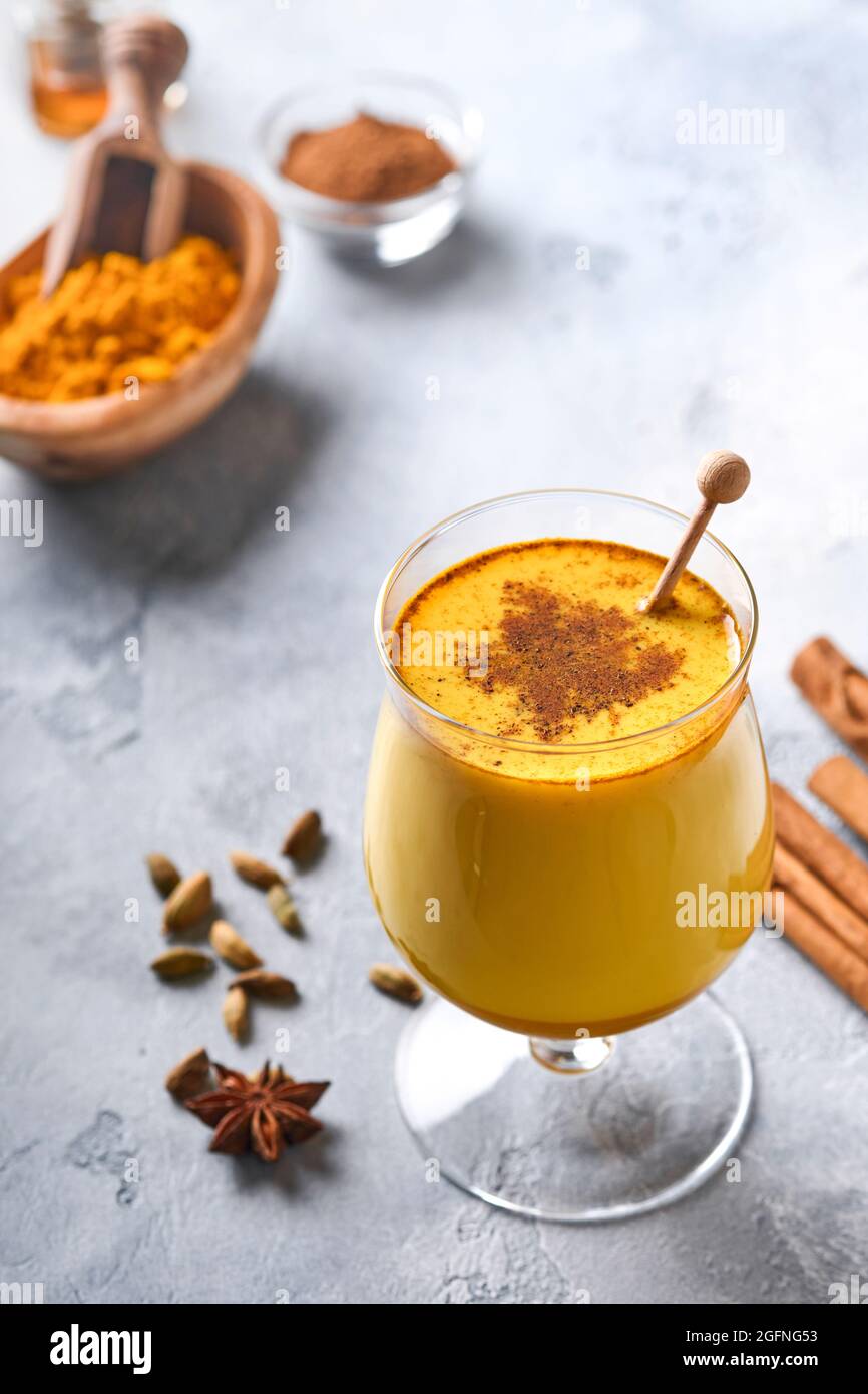 Kurkuma-Latte aus goldener Milch mit Zimtstangen und Honig. Gesundes ayurvedisches Getränk. Trendiges asiatisches natürliches Detox-Getränk mit Gewürzen für Veganer. Kopie en Stockfoto