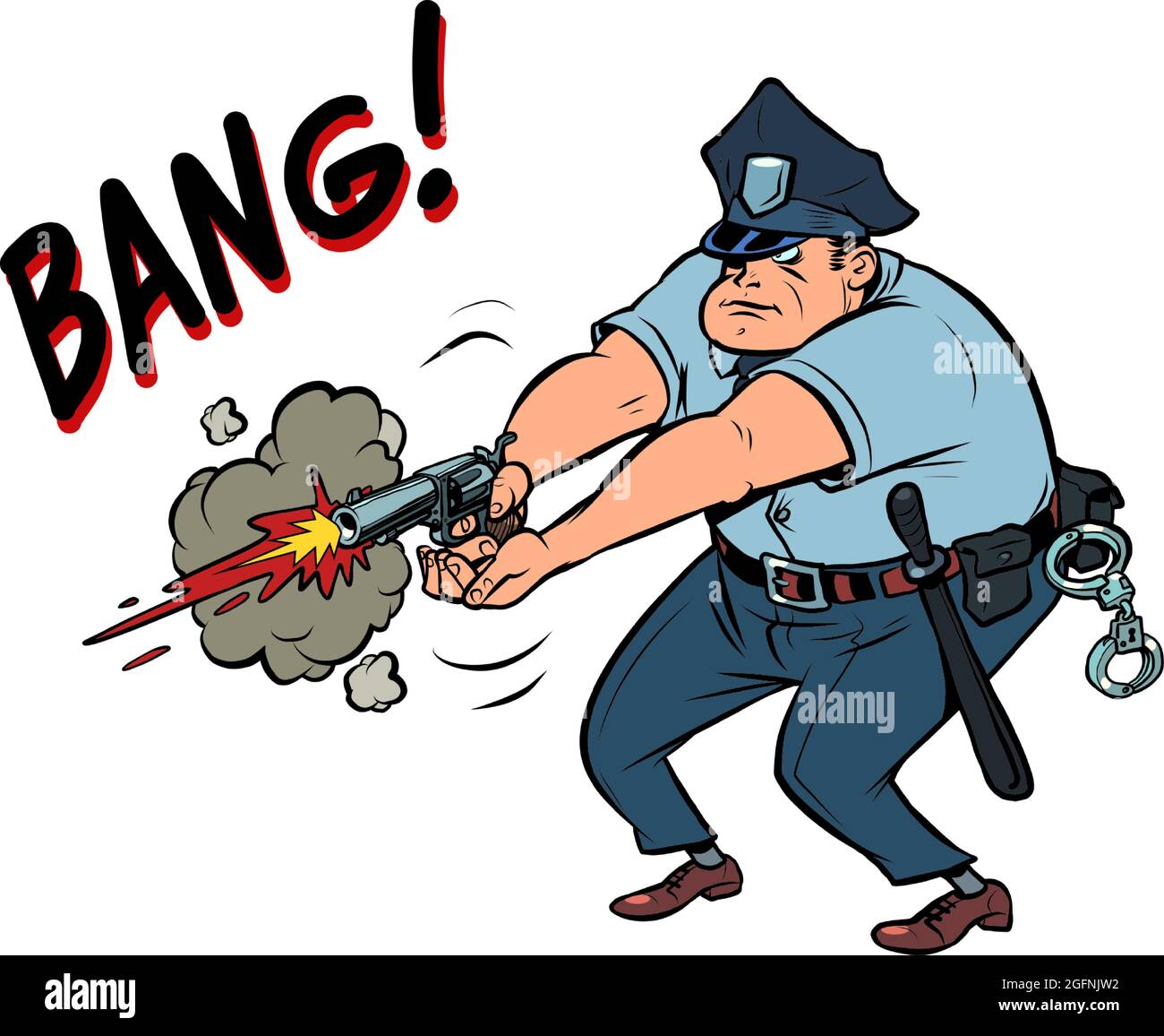 Der Polizist schießt. Der Offizier verwendet eine Handfeuerwaffe. Festnahme eines gefährlichen Verbrechers Stock Vektor