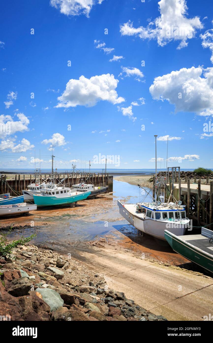 Fischerboote im Hafen von Alma, New Brunswick, Kanada. Diese Gegend der Bay of Fundy hat eine maximale Reichweite von mehr als 50 Fuß (16 Meter) und Stockfoto