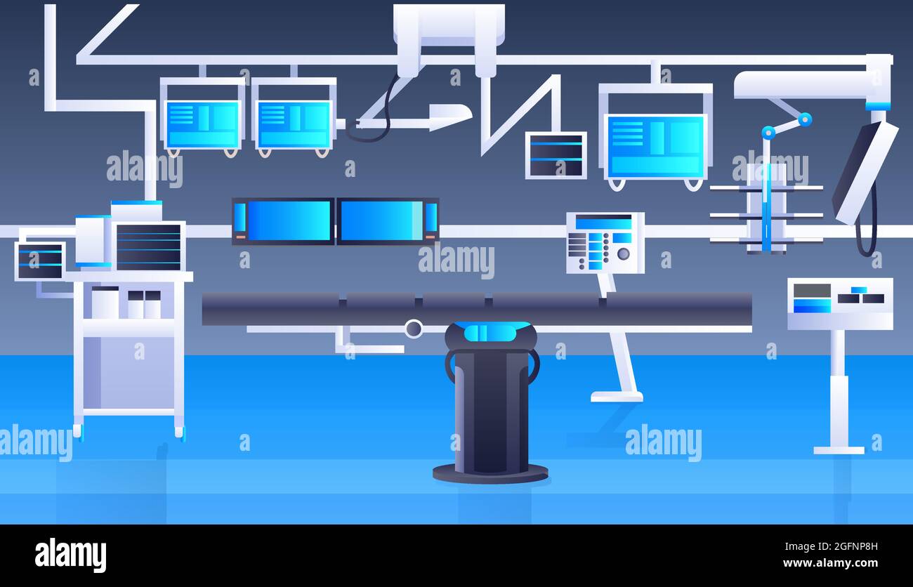 Krankenhaus Operationstisch und medizinische Geräte Moderne Klinik Chirurgie Raum Innenraum Intensivtherapie chirurgische Verfahren Stock Vektor