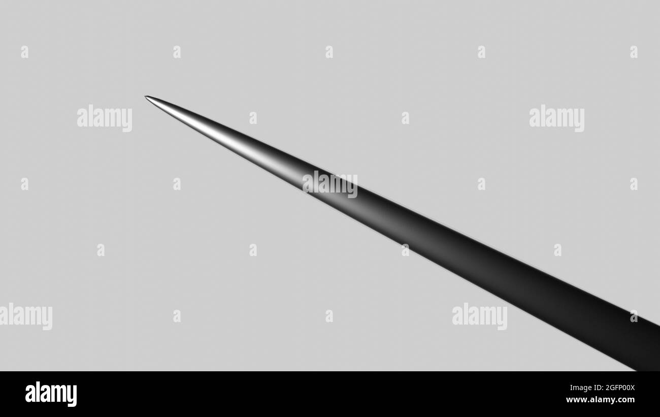 3D-Darstellung einer Nähnadelspitze auf grauem Hintergrund Stockfoto