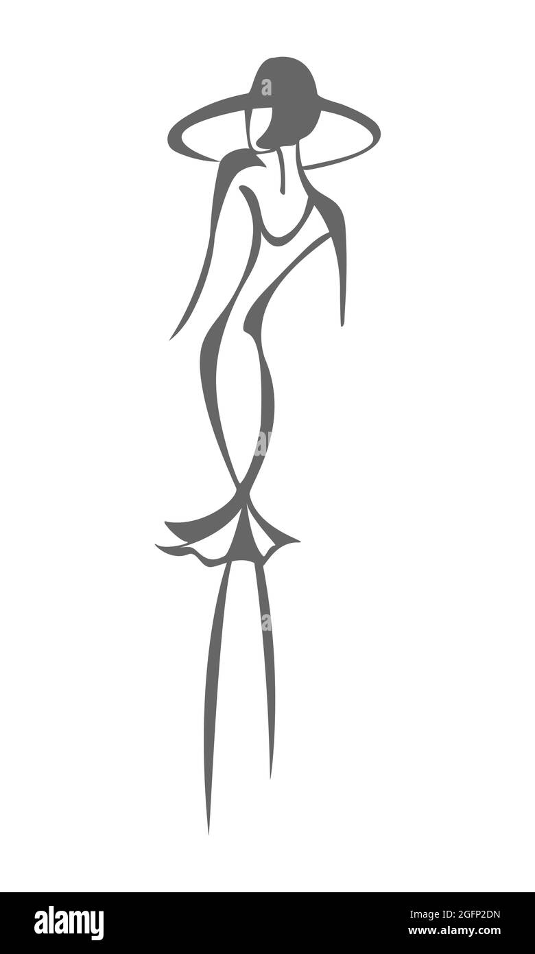 Silhouette einer Frau in einem Kleid und Hut, handgezeichnet. Abstrakte Kunst. Flacher Stil Stock Vektor