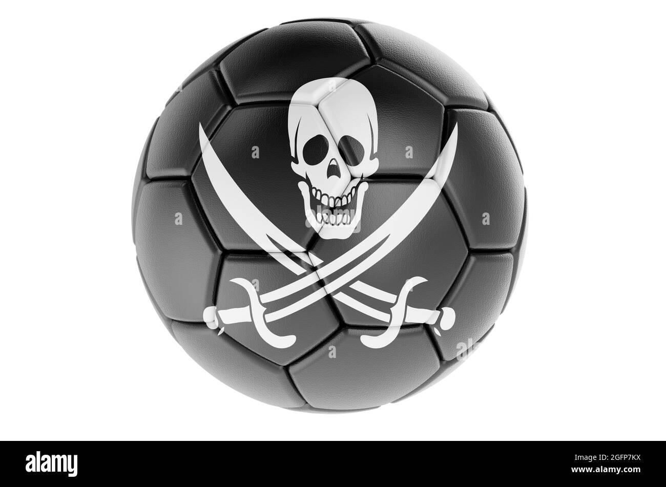 Fußball oder Fußball mit Piratenflagge, 3D-Darstellung isoliert auf weißem Hintergrund Stockfoto