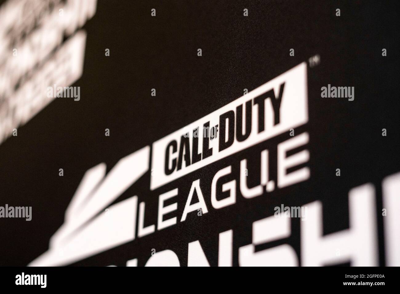 Los Angeles, Kalifornien, USA. August 2021. Das Logo des Call of Duty League Championship Weekend wird am Donnerstag, den 19. August 2021, im Galen Center in Los Angeles, Kalifornien, als Kulisse gezeigt. (Bild: © Justin L. Stewart/ZUMA Press Wire) Stockfoto
