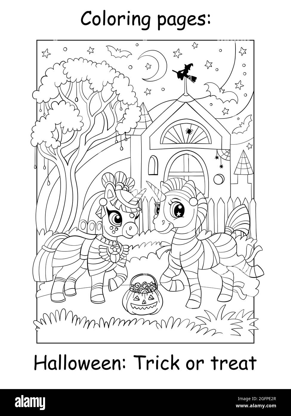 Niedliche Einhörner in ägyptischen Mumienkostümen im Nachtwald. Halloween-Konzept. Zum ausmalen für Kinder. Vektorgrafik Cartoon-Illustration. Für Colorin Stock Vektor