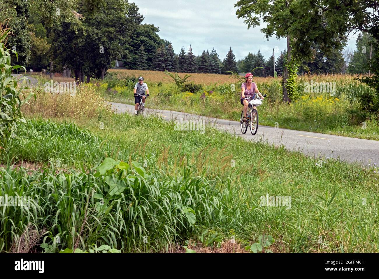 Three Oaks, Michigan - Fahrradfahrer auf einer Landstraße im Südwesten von Michigan. Stockfoto