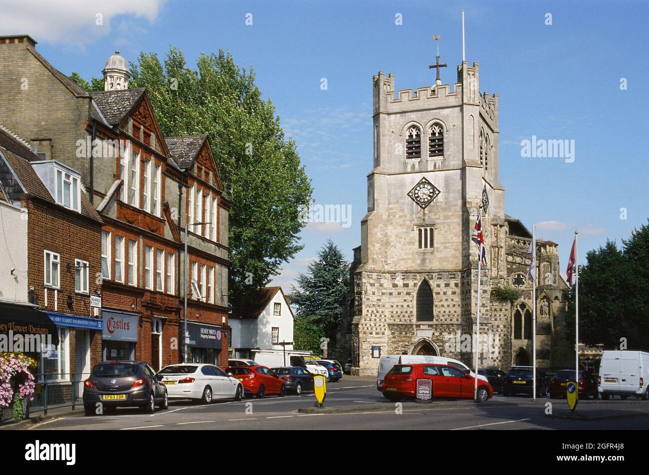 Waltham Abbey Kirchturm von der Highbridge Street, Waltham Abbey, Essex, Südostengland Stockfoto