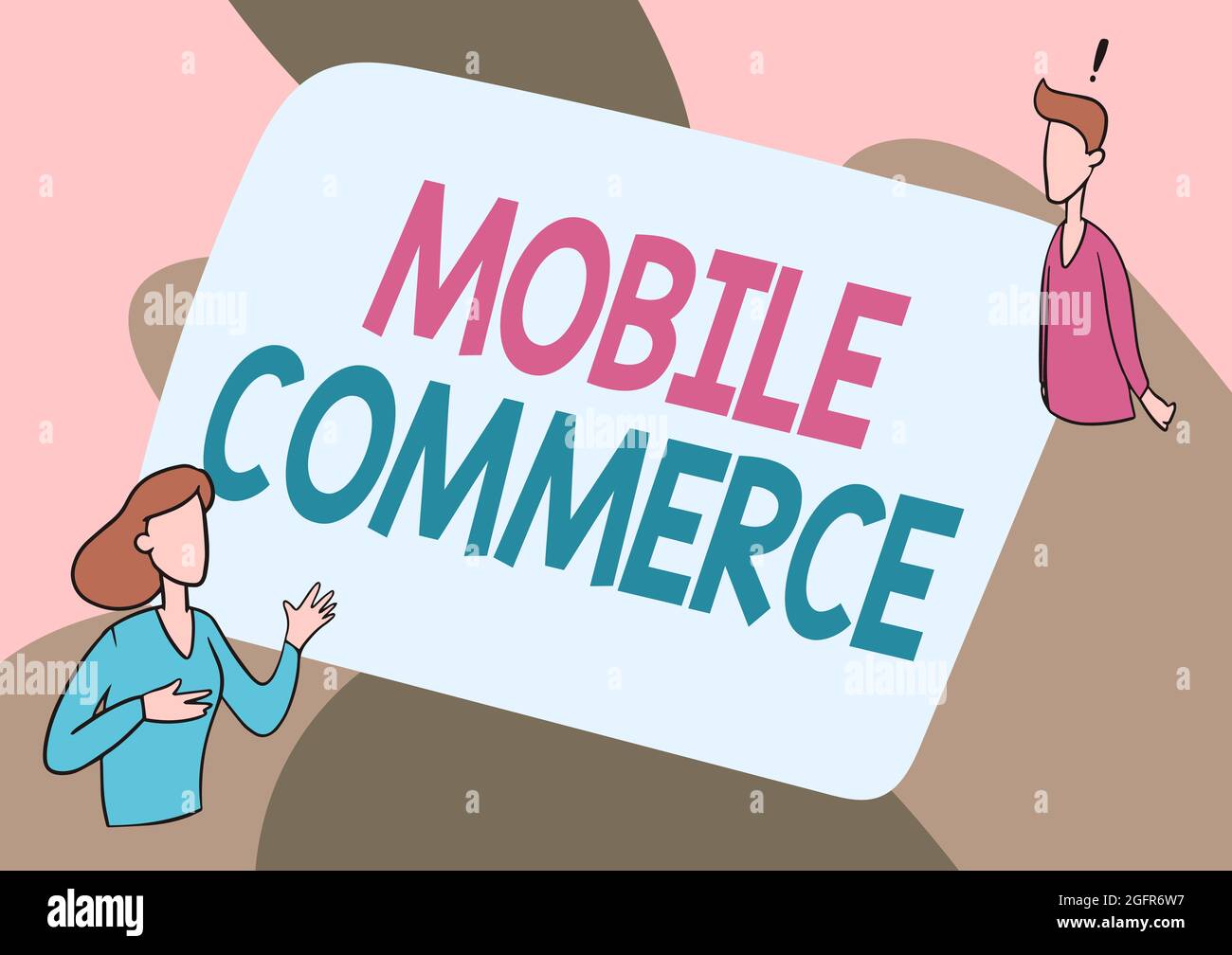 Textunterschrift mit Darstellung von Mobile Commerce. Internet-Konzept alle Online-kommerziellen Transaktionen mit Smartphones Lady Illustration mit Exploratory Stockfoto