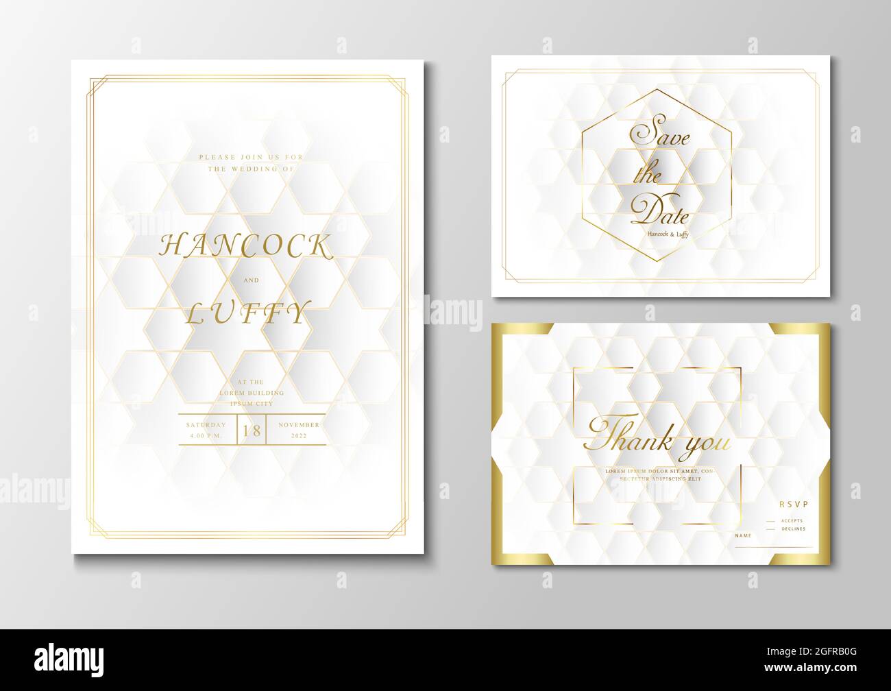 Vorlage für eine luxuriöse Hochzeitseinladungskarte. Elegant aus weißem Hintergrund mit geometrischer Form und goldenem Rahmen Stock Vektor