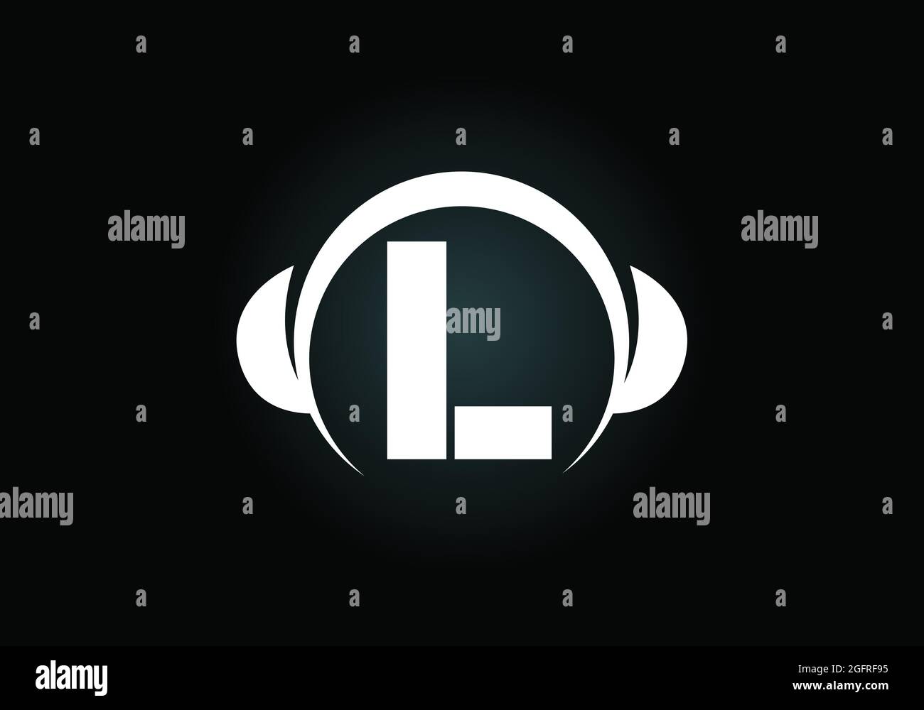 Anfängliches L-Monogramm-Alphabet mit einem Kopfhörer. Kopfhörerlogo. Symbol für Musikzeichen. Schrift-Emblem. Gestaltungselement für Poster, Banner, T-Shirt Stock Vektor