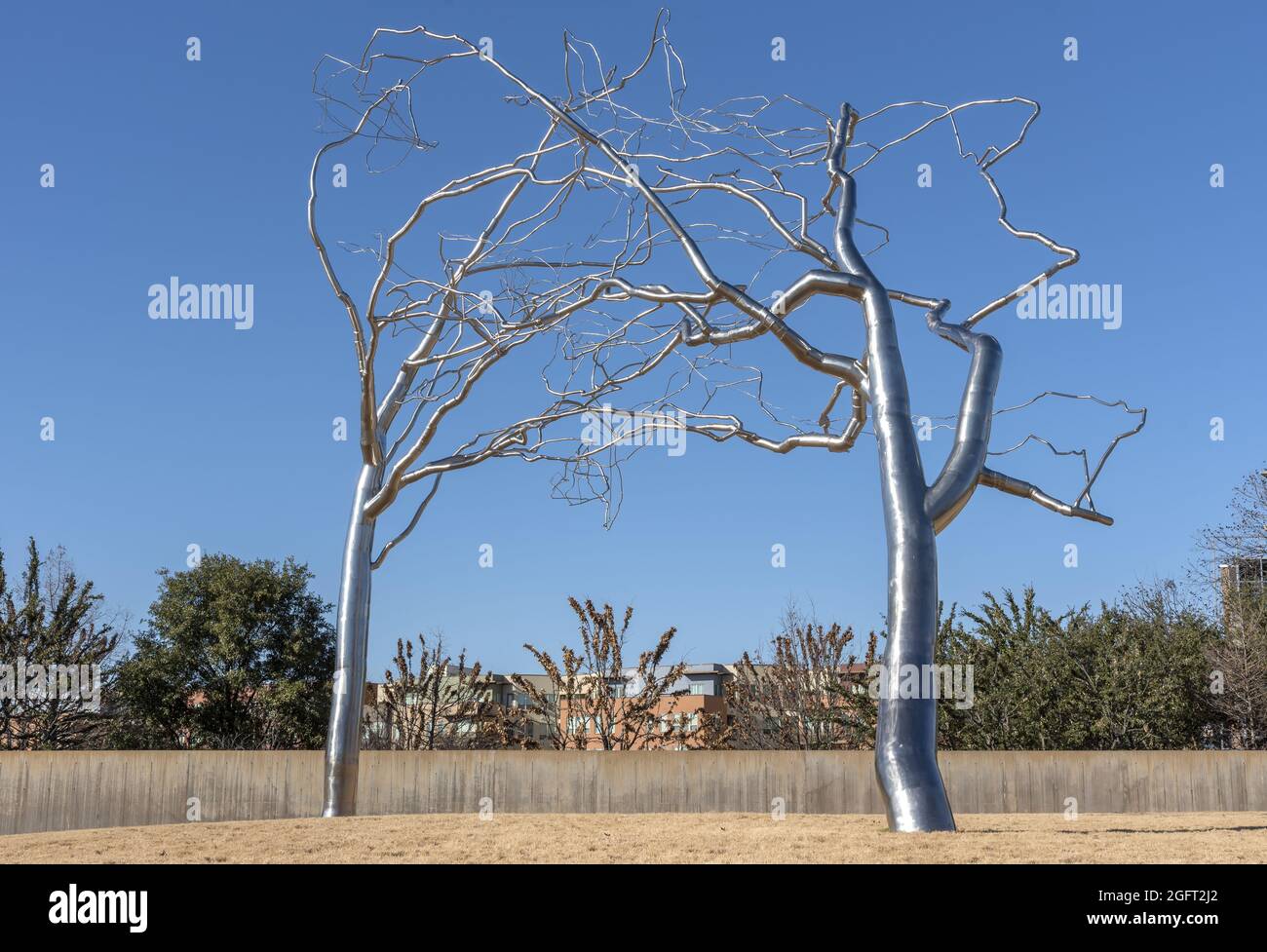 FORT WO, VEREINIGTE STAATEN - 29. Dez 2018: Fort Worth, texas, USA, Decmeber 29 2018. Roxy Paine Trees im Fort Worth Modern Art Museum. Der Edelstahl Stockfoto