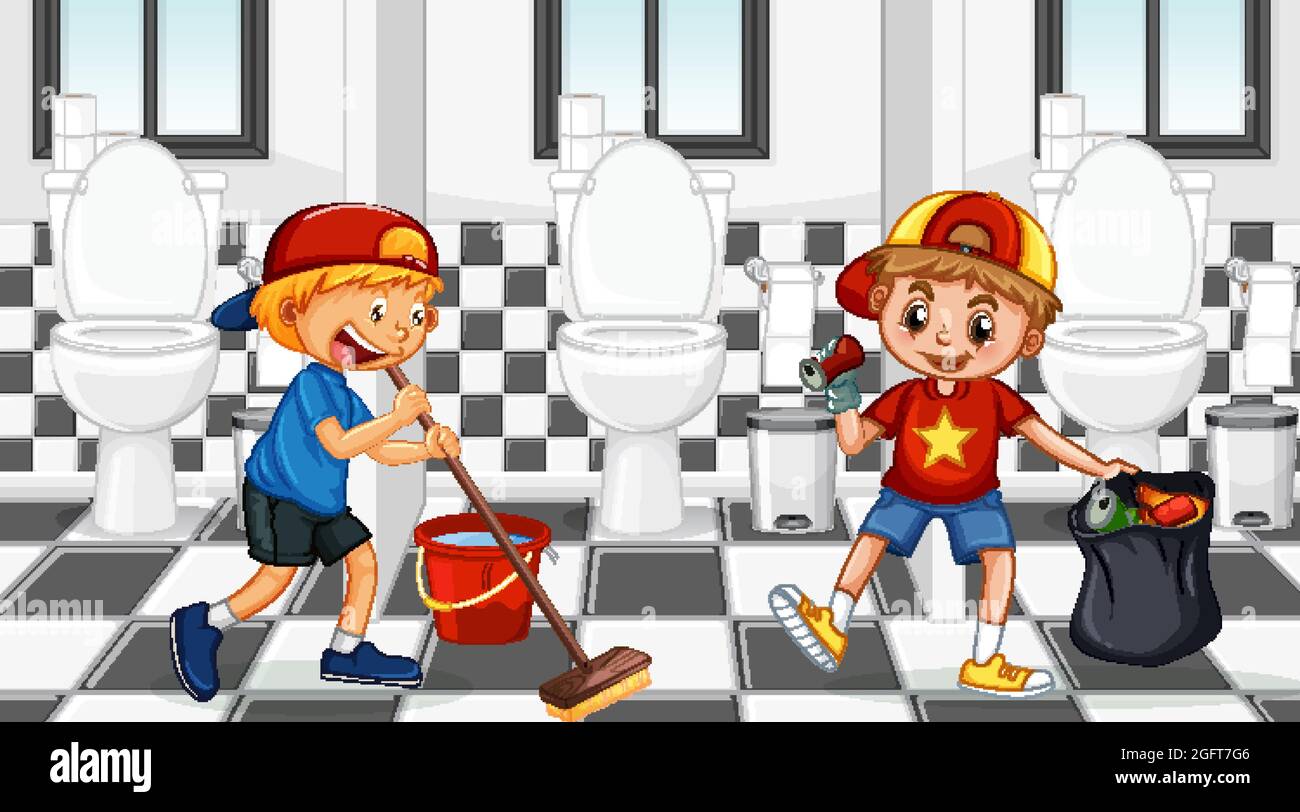 Öffentliche Toilette Szene mit zwei Kindern Reinigung Toilette