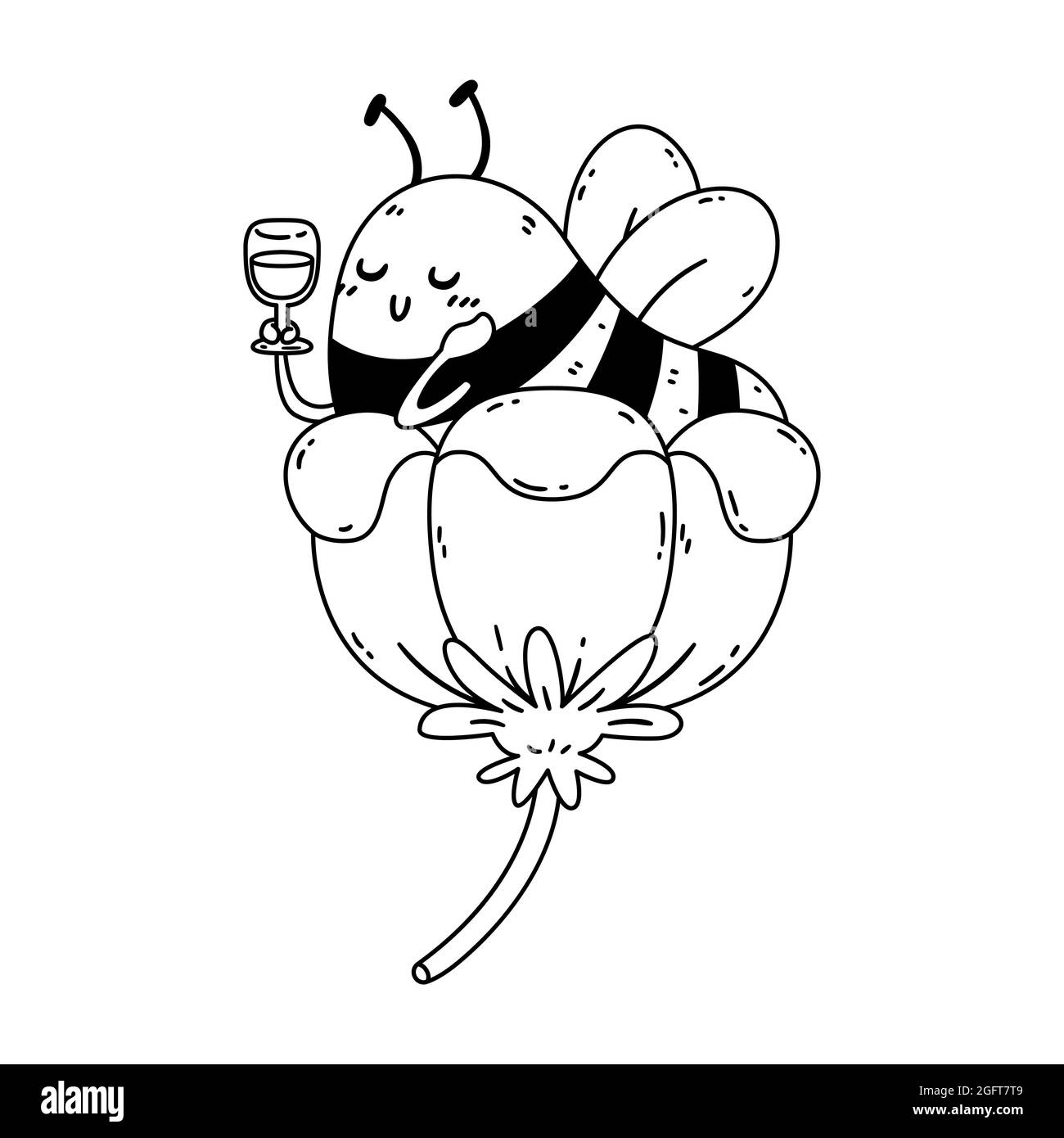 Honigbiene in Blüte mit Weinglas aus Nektar. Das gestreifte Insekt ruht während der Pause. Vektorzeichen isolierte Illustration auf weißem Hintergrund. Stock Vektor