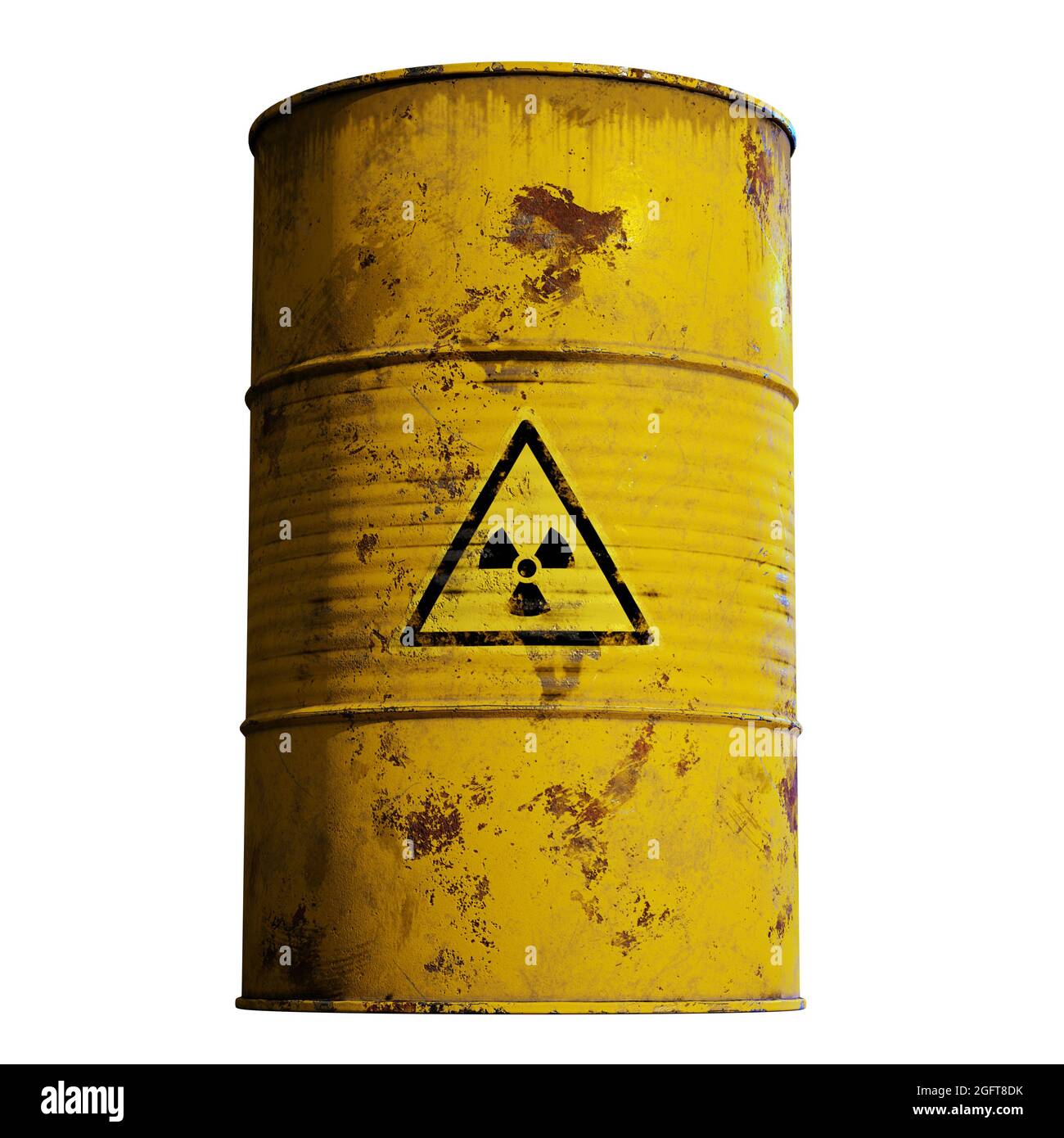 Radioaktiver Abfall im rostigen Fass, isoliert auf weißem Hintergrund (3d-Rendering) Stockfoto