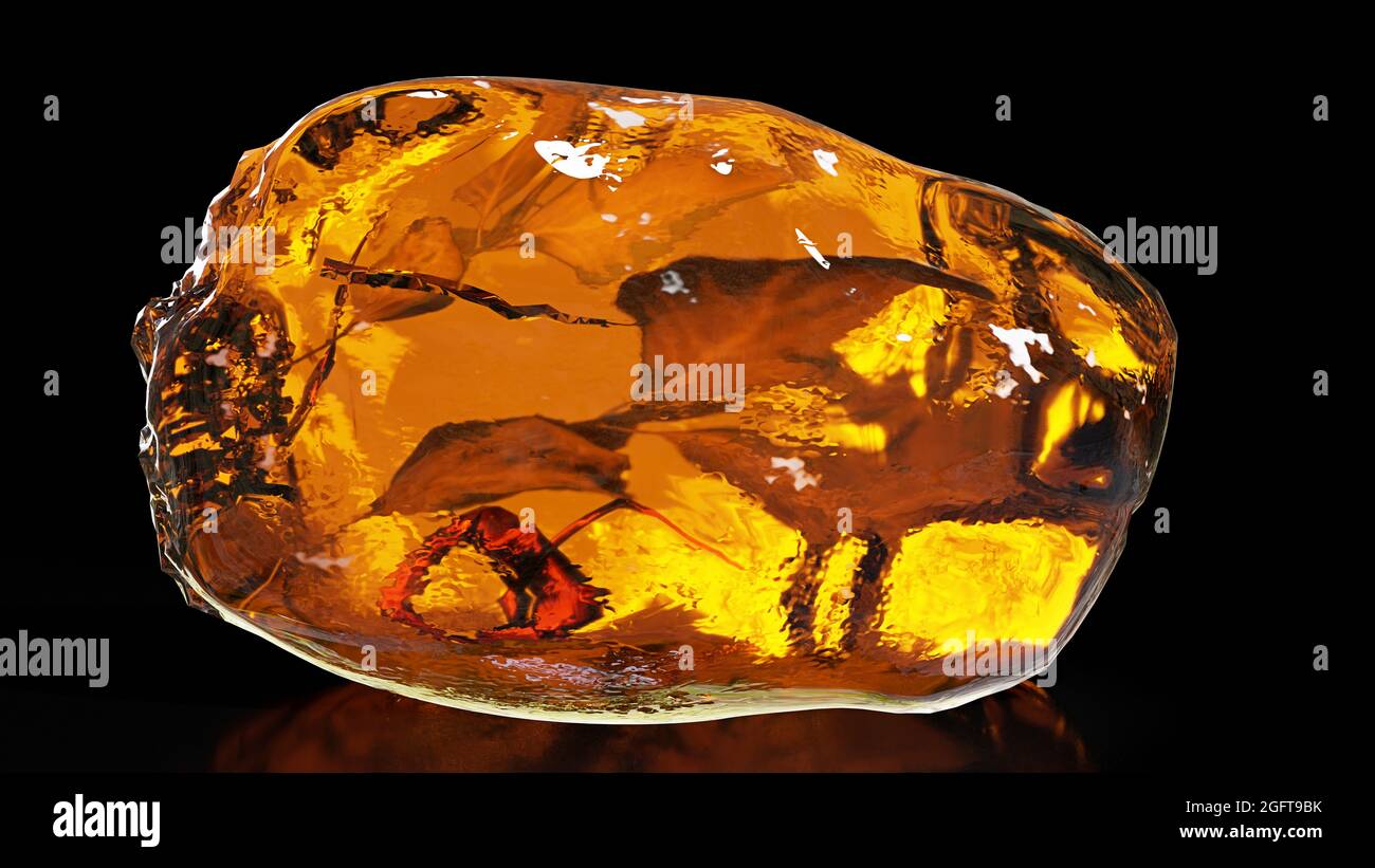 Bernstein, natürliches fossiles Baumharz isoliert auf glänzendem schwarzem Hintergrund (3d-Rendering) Stockfoto