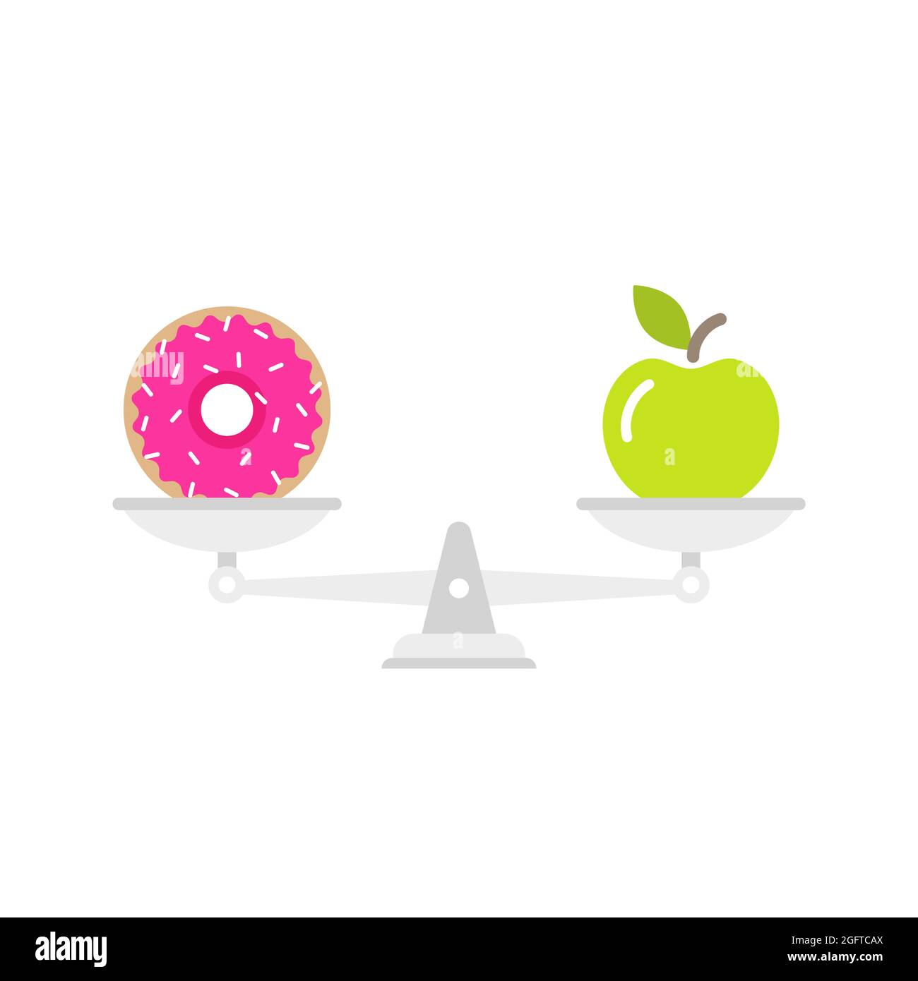 Grüner Apfel und Donut auf Schuppen. Diät-Konzept. Gesunde und ungesunde Lebensmittel. Gewichtsverlust, gesunde Lebensweise, richtige Ernährung. Vektor flach illustrati Stock Vektor