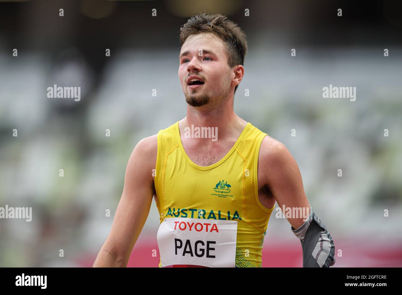 TOKIO, JAPAN. August 2021. Jaydon Page (ASU) tritt bei den Leichtathletik-Vorläufen und Finals der Paralympischen Spiele Tokio 2020 im Olympiastadion am Freitag, den 27. August 2021 in TOKIO, JAPAN, in den 100 m - T47 der Männer an. Kredit: Taka G Wu/Alamy Live Nachrichten Stockfoto