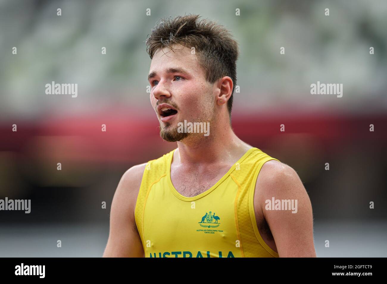 TOKIO, JAPAN. August 2021. Jaydon Page (ASU) tritt bei den Leichtathletik-Vorläufen und Finals der Paralympischen Spiele Tokio 2020 im Olympiastadion am Freitag, den 27. August 2021 in TOKIO, JAPAN, in den 100 m - T47 der Männer an. Kredit: Taka G Wu/Alamy Live Nachrichten Stockfoto