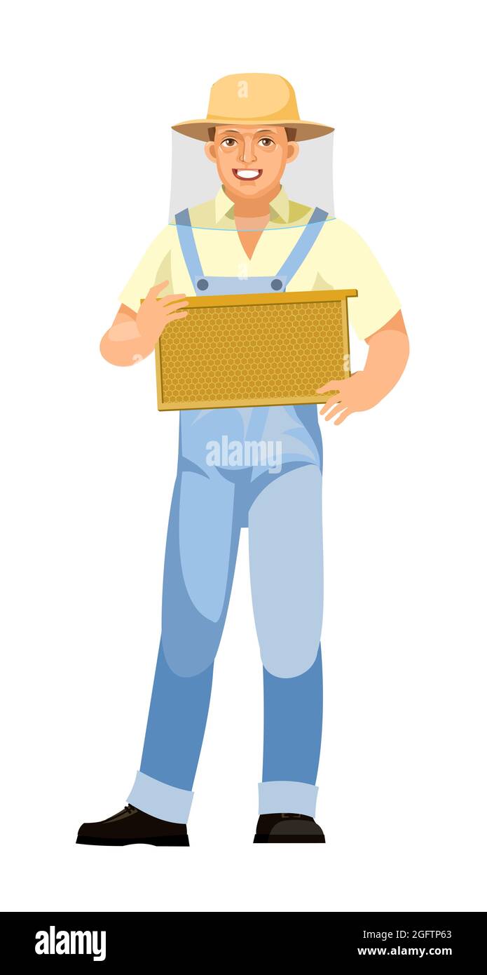 Imker mit einem Rahmen aus Wachs Wabe in den Händen.. Isoliert auf weißem Hintergrund. Charakter in Uniform und Mesh-Schutzhut. Die Person ist ein Stock Vektor