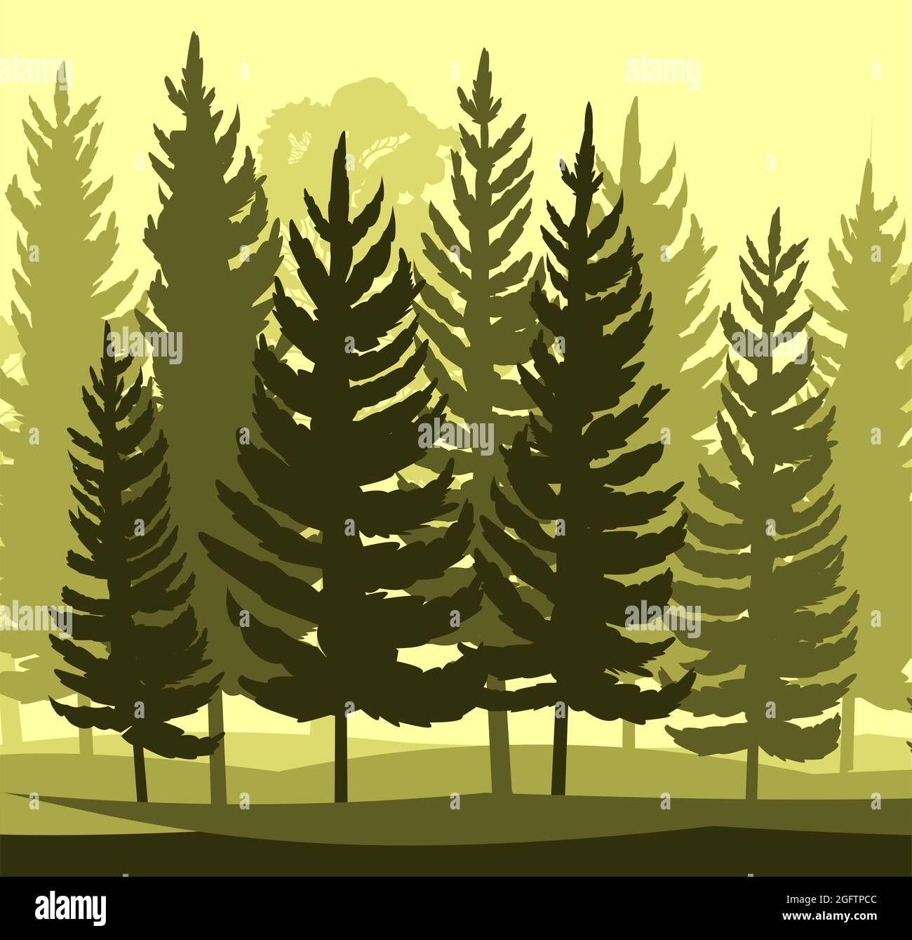 Forest Silhouette. Landschaft mit Nadelbäumen. Wunderschöne Aussicht. Kiefern- und Fichtenbäume. Sommer Naturlandschaft. Illustrationsvektor. Stock Vektor