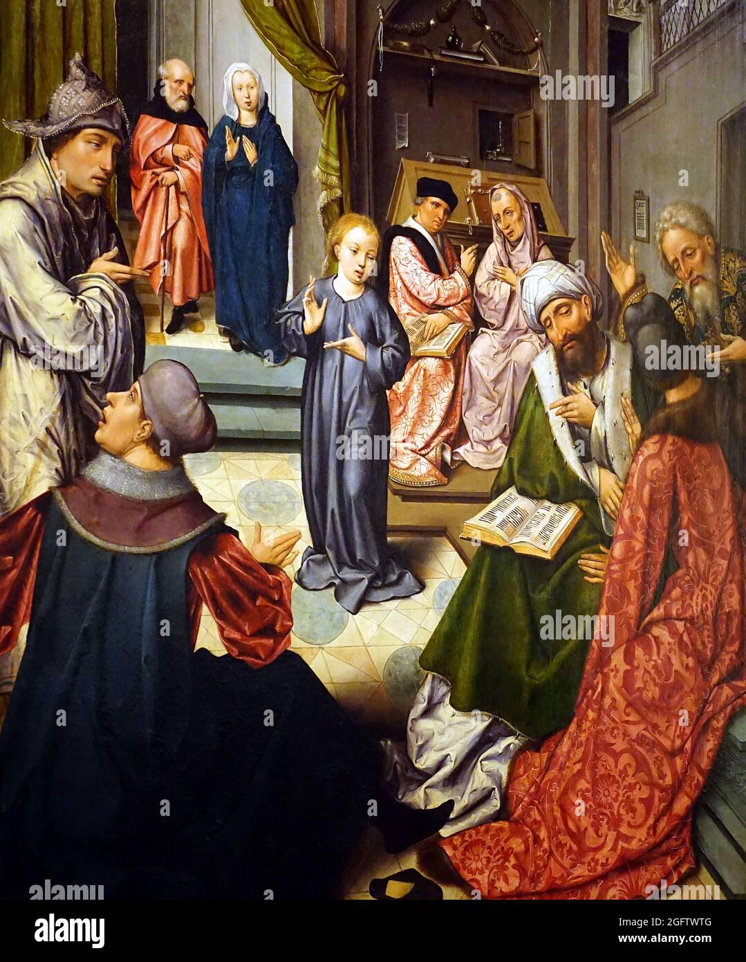 Der zwölfjährige jesus im Tempel von Jan mertens van Dornicke.1470-1527.aka Jan van Dornicke,ein Maler aus den burgundischen Niederlanden, der als Janne Mertens geboren wurde. Stockfoto