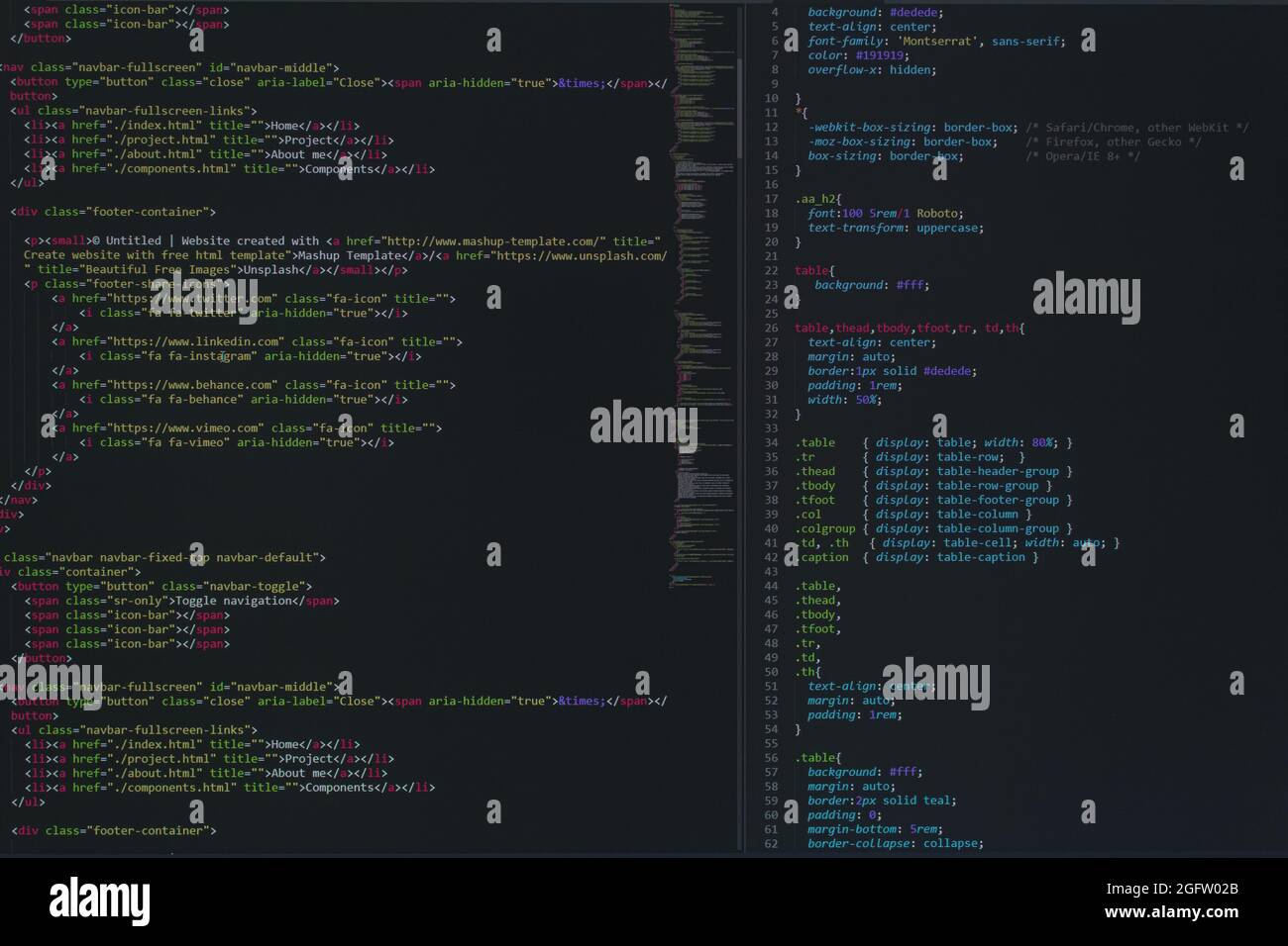 Entwickler Python, java-Skript, HTML, css-Quellcode auf dem Bildschirm. Schreiben Skript des Software-Entwicklers. Programm-Codierung. Programmierer Bearbeitung von Code Stockfoto