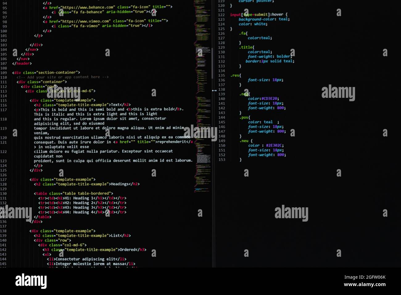 Entwickler Python, java-Skript, HTML, css-Quellcode auf dem Bildschirm. Schreiben Skript des Software-Entwicklers. Programm-Codierung. Programmierer Bearbeitung von Code Stockfoto