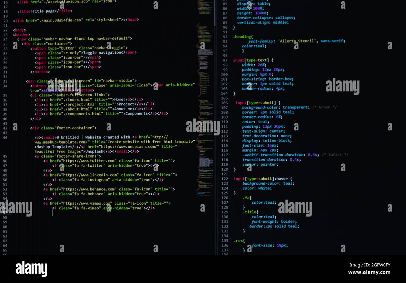 Entwickler Python, java-Skript, HTML, css-Quellcode auf dem Bildschirm. Schreiben Skript des Software-Entwicklers. Programm-Codierung. Programmierer Bearbeitung von Code Stockfoto