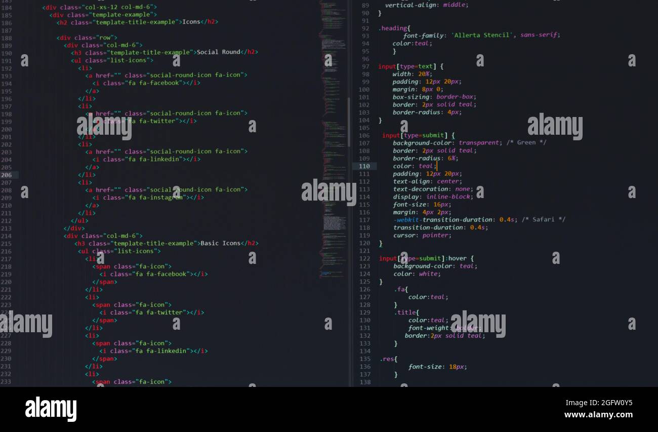 Entwickler Python, java-Skript, HTML, css-Quellcode auf dem Bildschirm. Schreiben Skript des Software-Entwicklers. Programm-Codierung. Programmierer Bearbeitung von Code Stockfoto