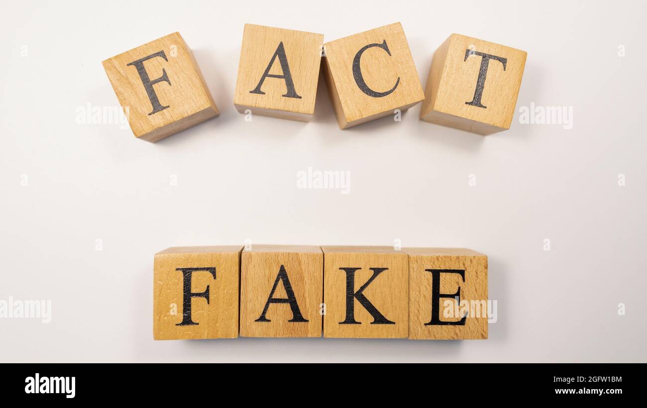 Das Wort Fact oder Fake wurde aus Holzwürfeln erschaffen. Stockfoto