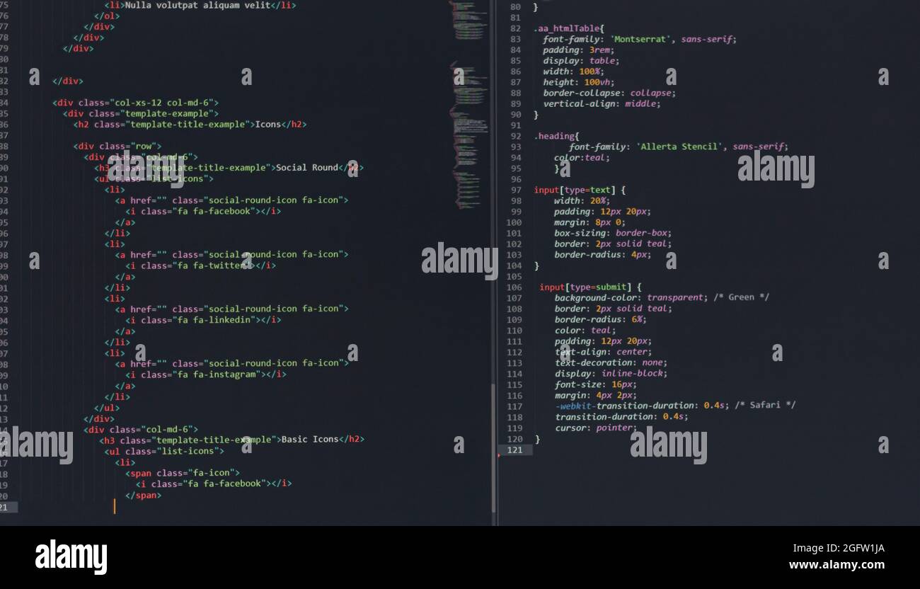 Entwickler Python, java-Skript, HTML, css-Quellcode auf dem Bildschirm. Schreiben Skript des Software-Entwicklers. Programm-Codierung. Programmierer Bearbeitung von Code Stockfoto