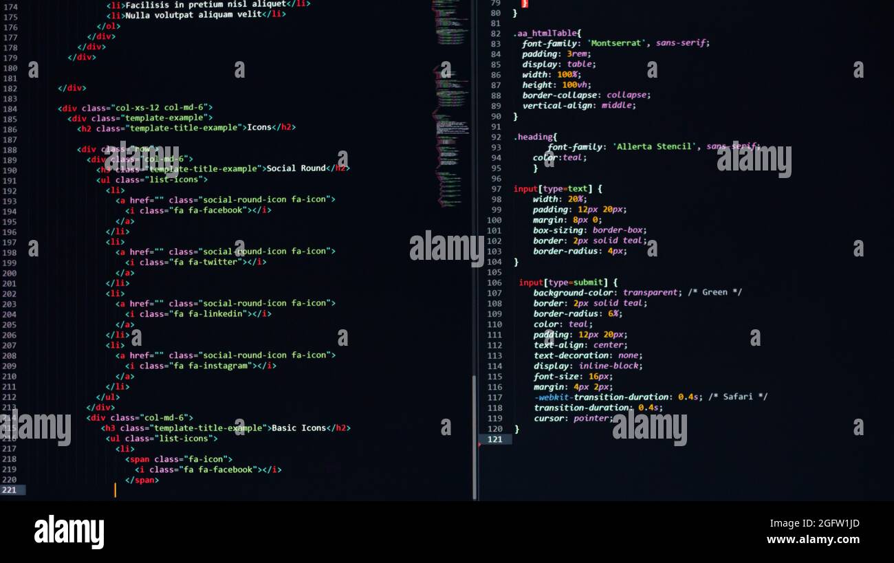 Entwickler Python, java-Skript, HTML, css-Quellcode auf dem Bildschirm. Schreiben Skript des Software-Entwicklers. Programm-Codierung. Programmierer Bearbeitung von Code Stockfoto