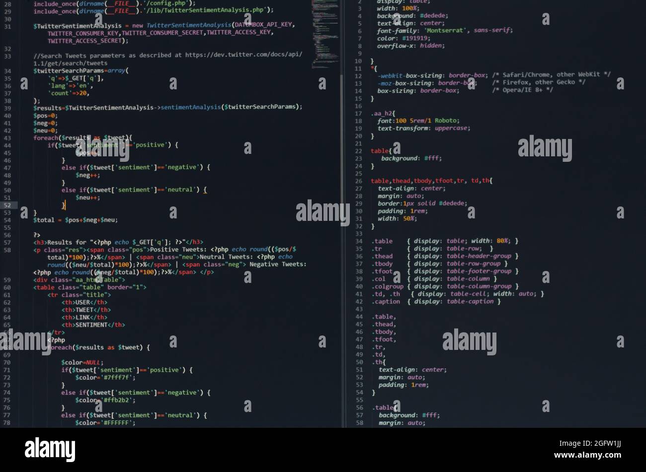 Entwickler Python, java-Skript, HTML, css-Quellcode auf dem Bildschirm. Schreiben Skript des Software-Entwicklers. Programm-Codierung. Programmierer Bearbeitung von Code Stockfoto