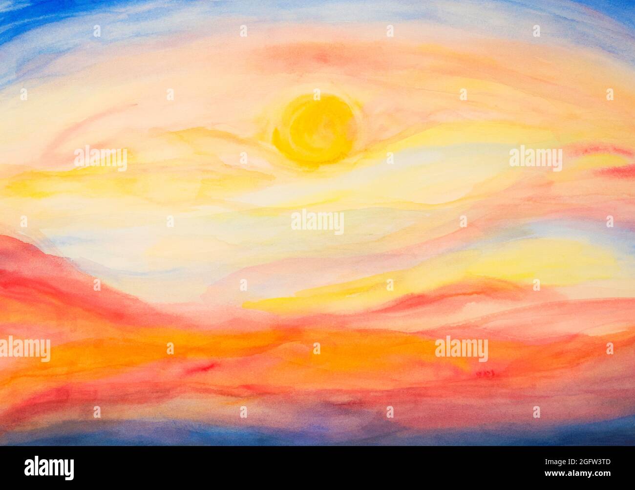 Helle bunte abstrakte Sonnenuntergang oder Sonnenaufgang Himmel Tapete Hintergrund handbemalt mit Aquarell. Horizontales Banner mit Himmel und Sonne in der Mitte. Stockfoto