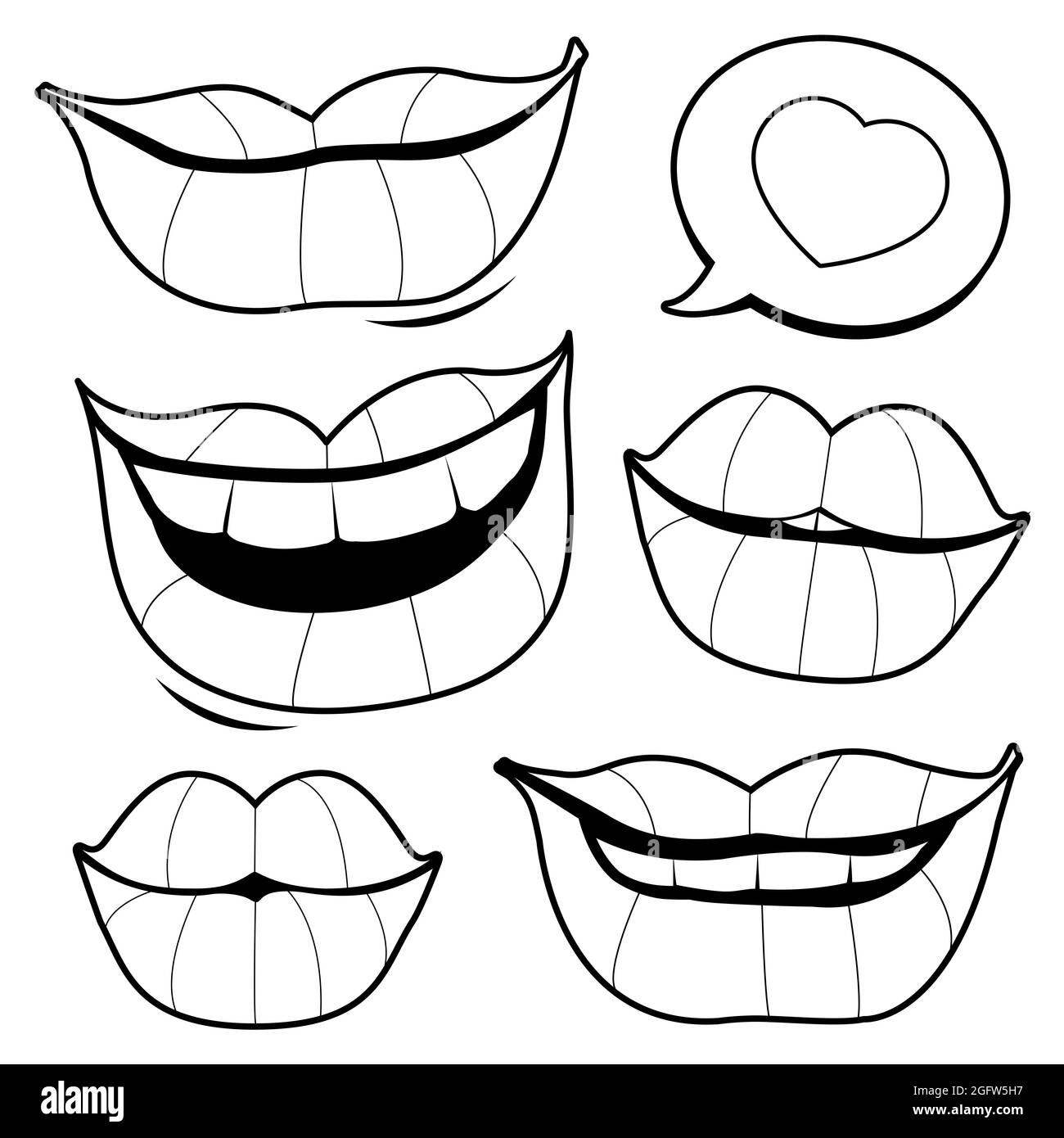 Ein Satz weiblicher lächelnder Lippen. Schwarz-Weiß-Abbildung. Stockfoto