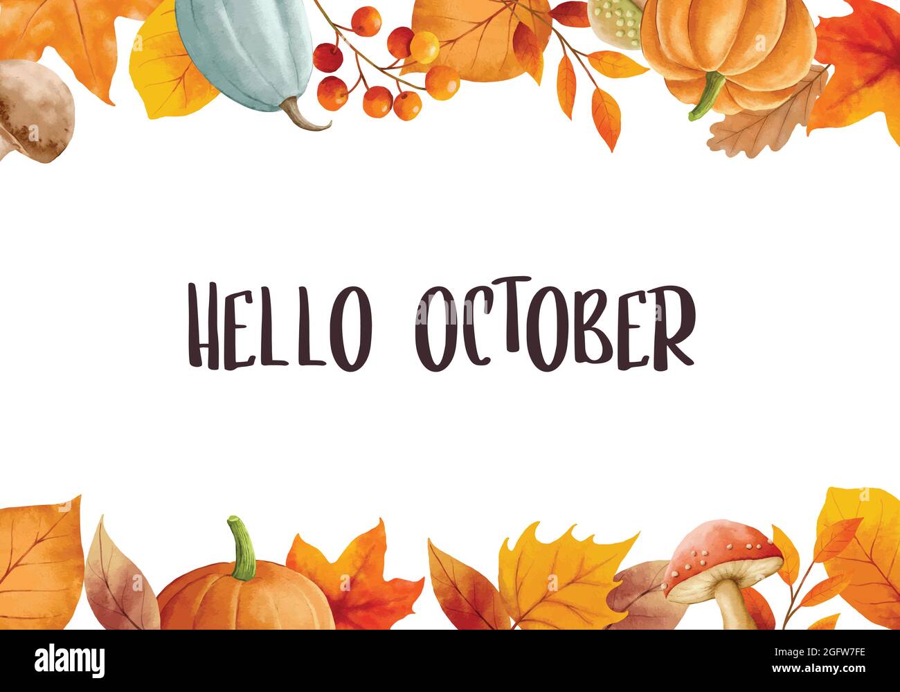 Hallo oktober mit verzierten Blättern Blumenrahmen. Herbst oktober handgezeichnetes Design mit Schriftzügen. Stock Vektor