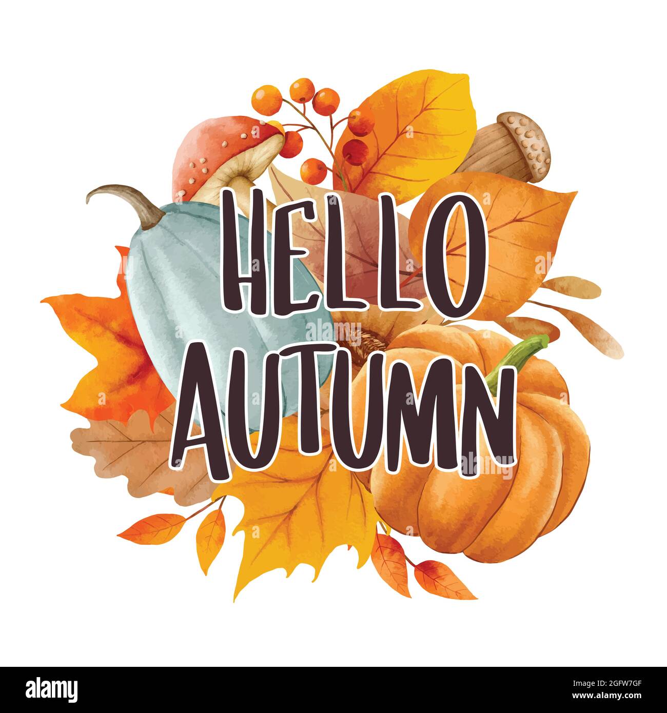 Hallo Herbst mit reich verzierten Blättern Blume Hintergrund. Herbst oktober handgezeichnetes Design mit Schriftzügen. Stock Vektor