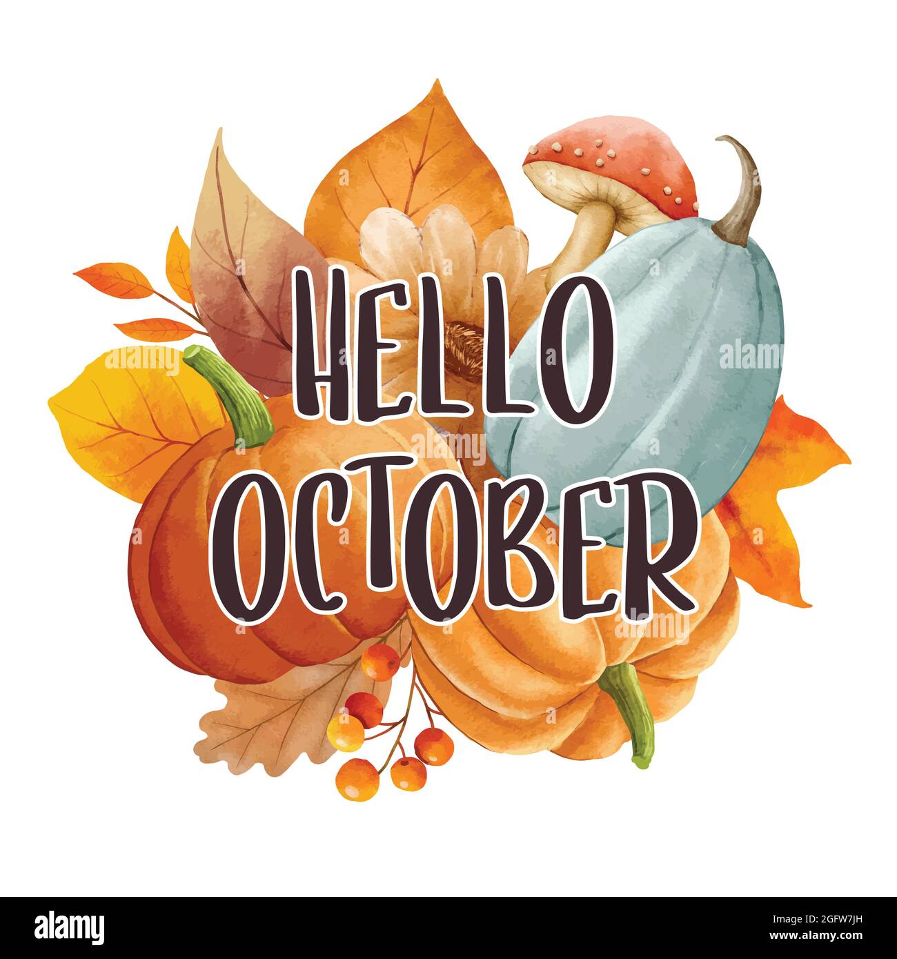 Hallo oktober mit reich verzierten Blättern Blume Hintergrund. Herbst oktober handgezeichnetes Design mit Schriftzügen. Stock Vektor