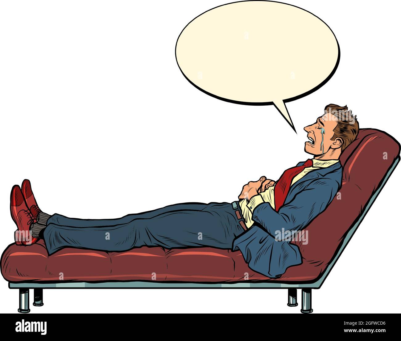 Der Patient ist ein männlicher Geschäftsmann bei einer Psychotherapiesitzung, der auf der Couch liegt Stock Vektor