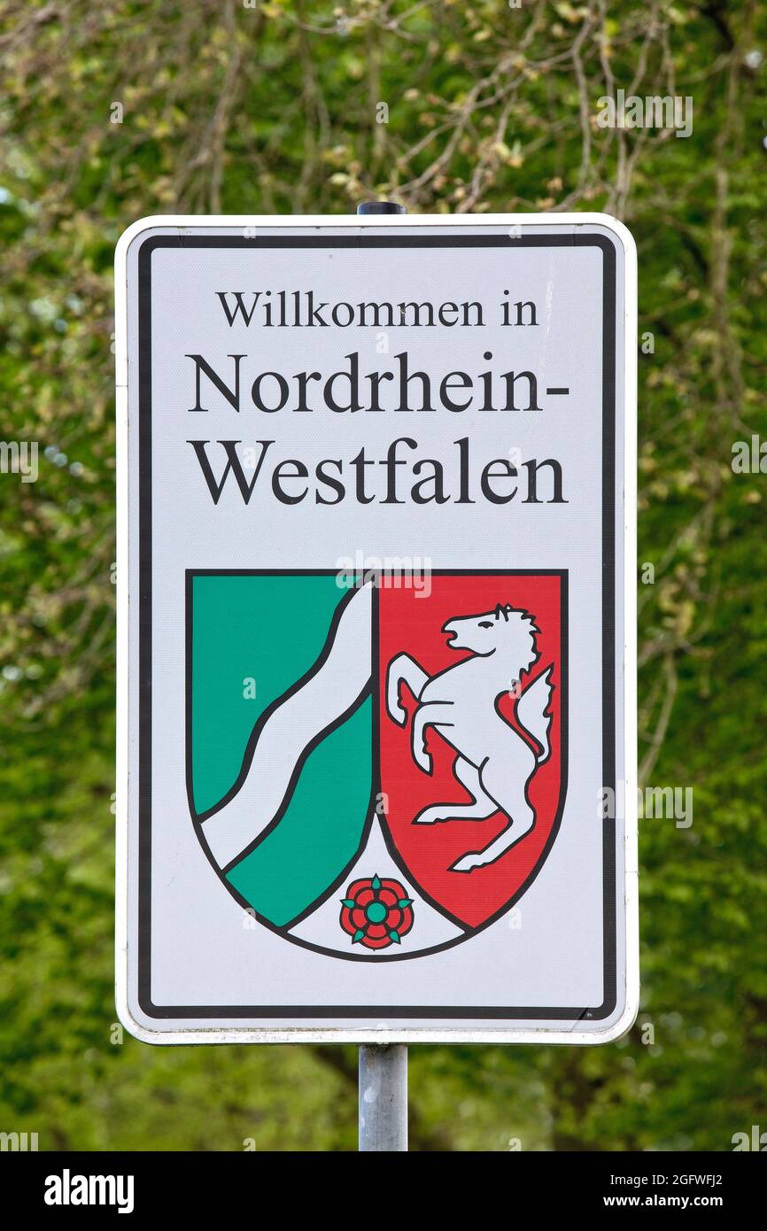 Schild 'Willkommen in Nordrhein-Westfalen', Landesgrenze, Deutschland, Nordrhein-Westfalen, Selfkant Stockfoto