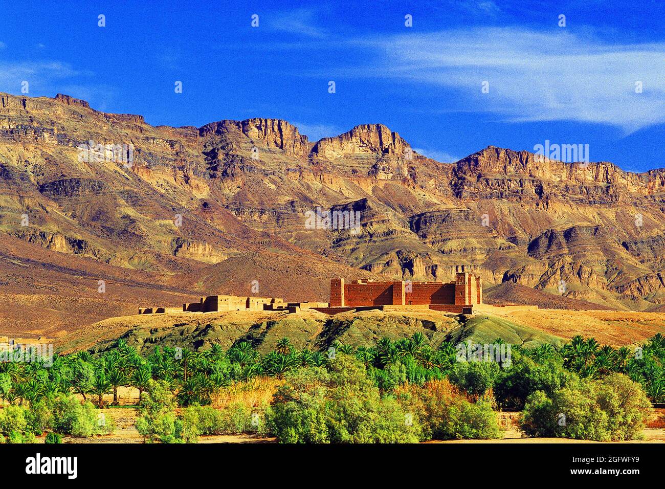 Kasbah (befestigtes Dorf) auf dem Hügel im Tal des Flusses Draa, Marokko, Draa Tal, Kasbah Stockfoto