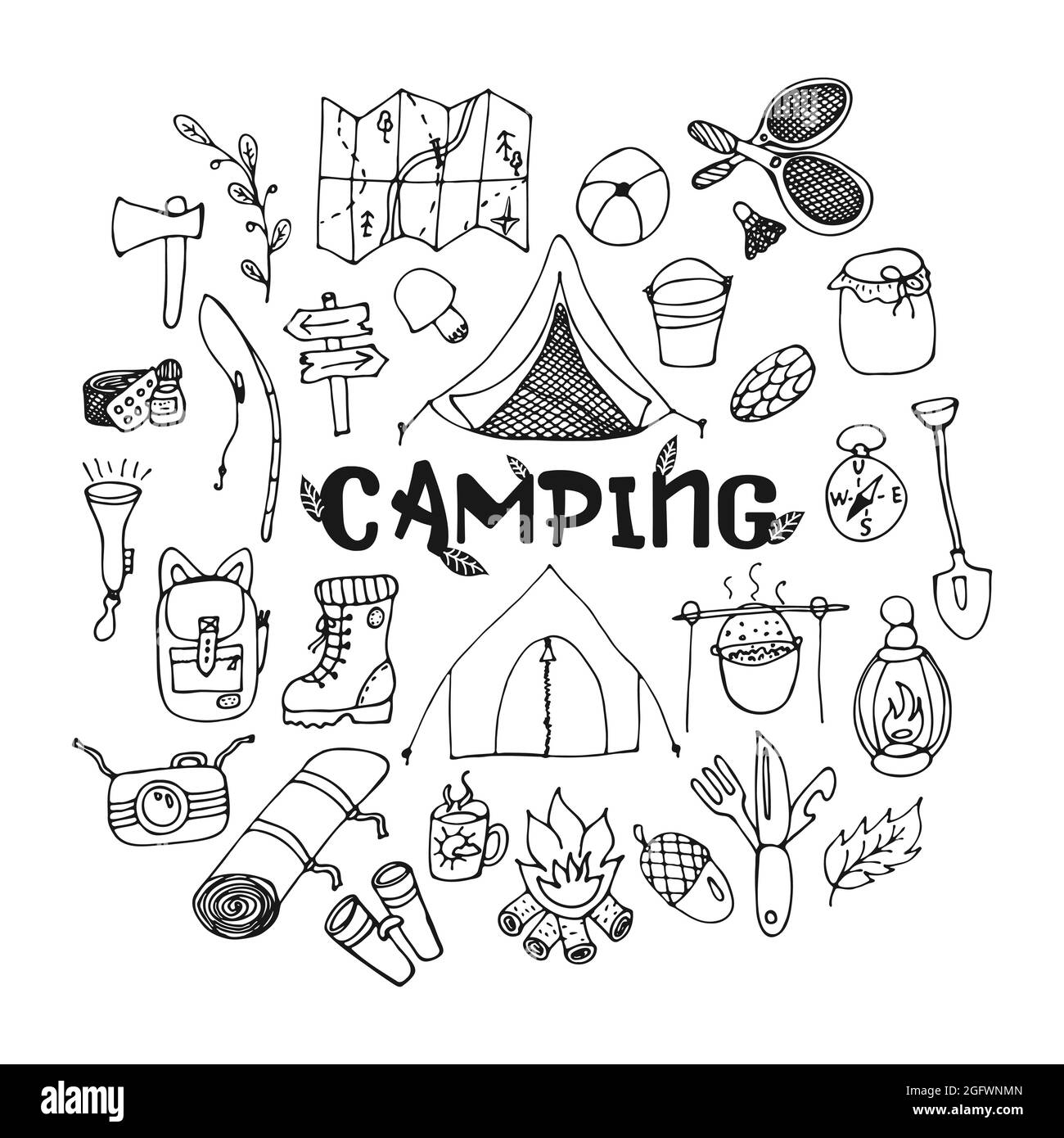 Handgezeichnete Kritzeleien zum Thema Tourismus und Camping. Camping-Umriss-Set. Für Plakate und Werbung zum Wandern. Lineare Vektordarstellung Stock Vektor