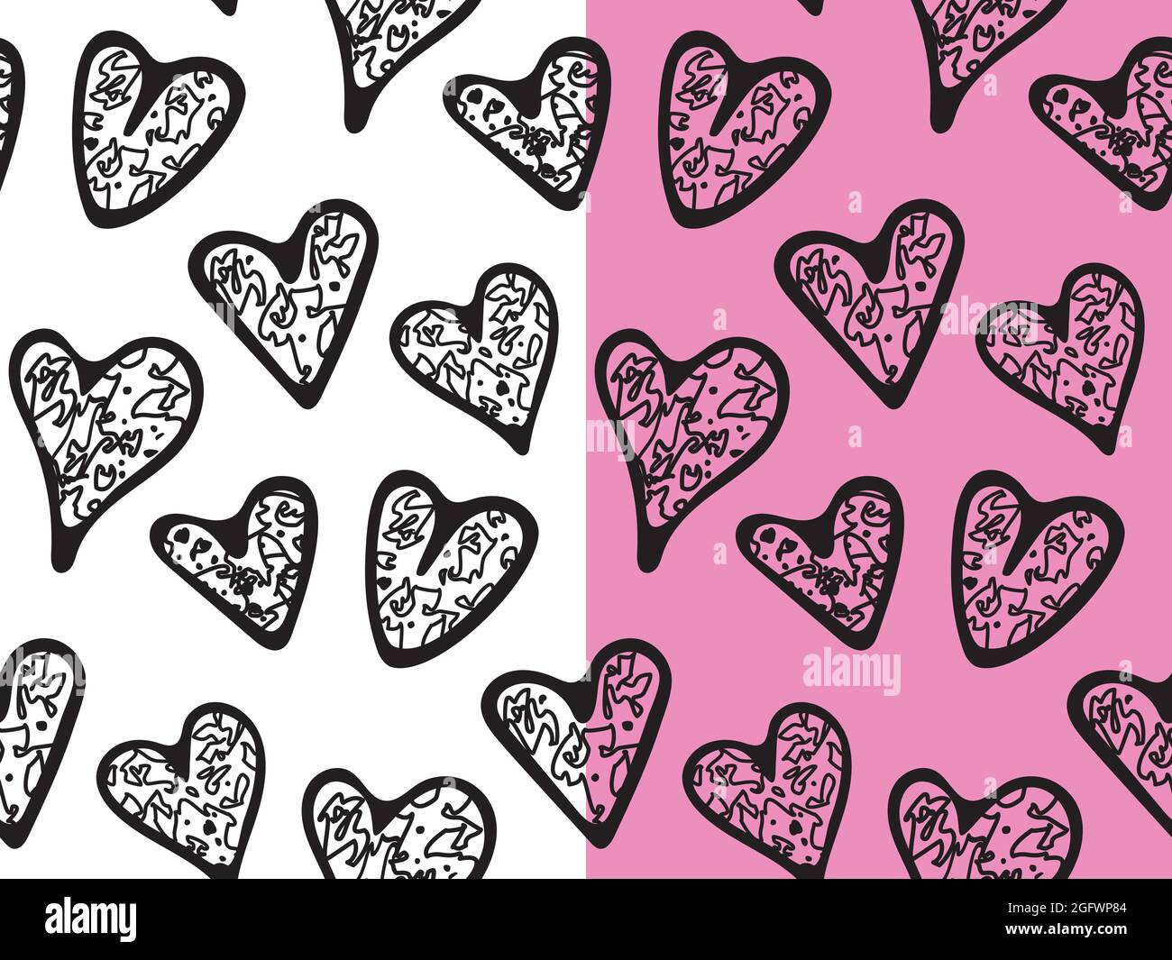 Grunge Hand gezeichnete Doodle Herzen nahtlose Muster. Schrullige Liebe Symbole, schwarze Farbe. Lila, weiß leicht bearbeitbare Farben Hintergrund. Vektor Stock Vektor